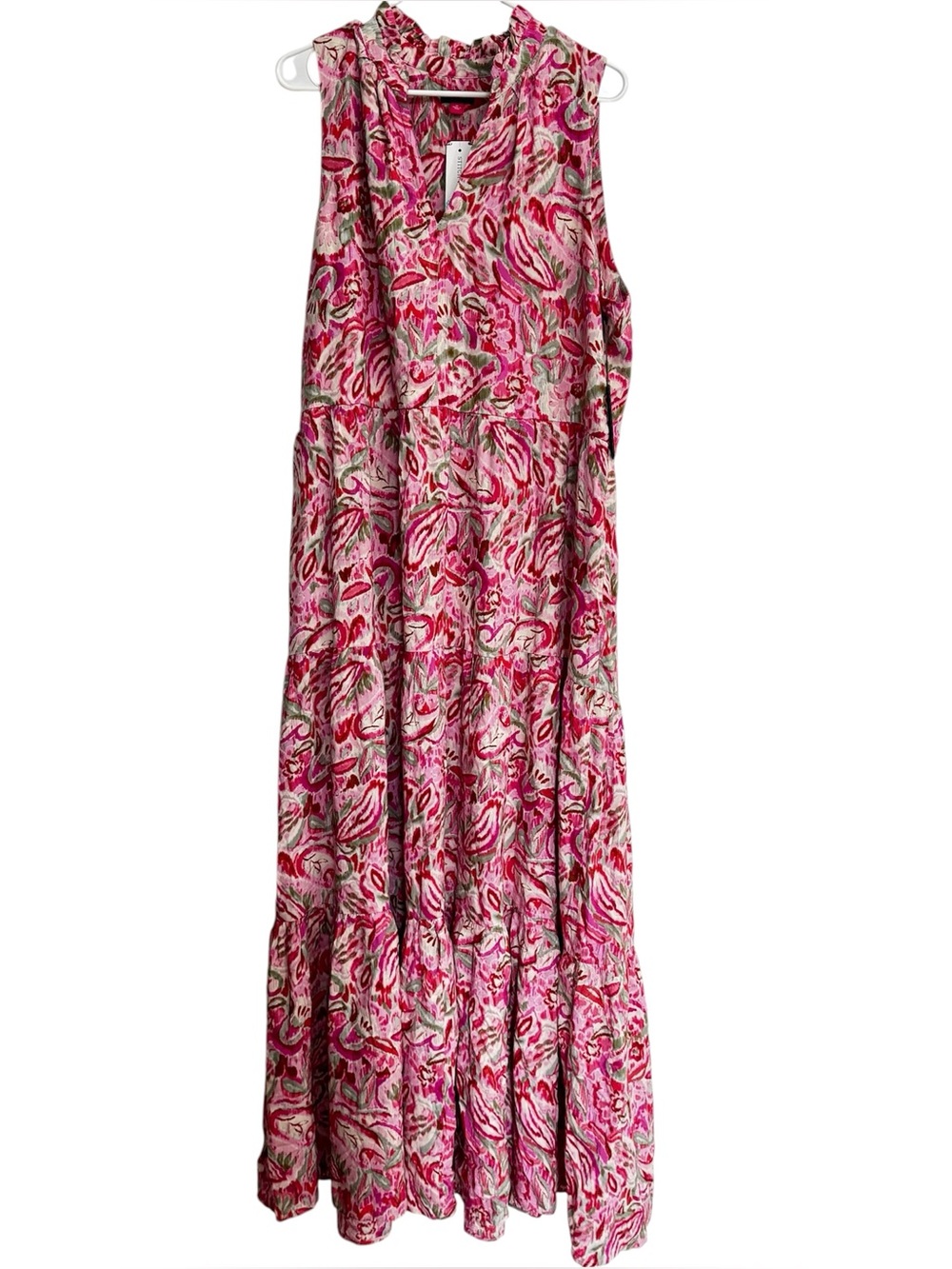 Vince Camuto Tiered Maxi Dress Size XL Pink Linen Blend Floral Sleeveless